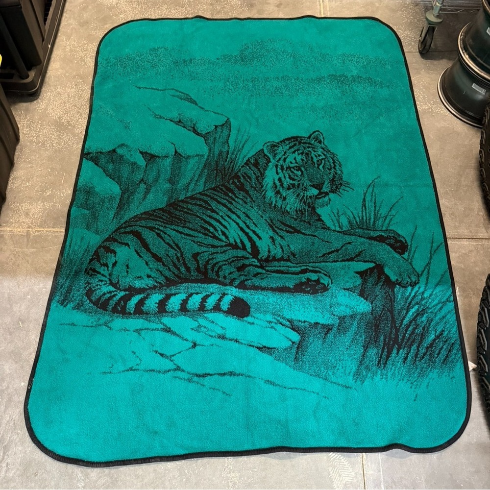 VTG San Marcos Mexico‎ Blanket Tiger Jungle Green Reversible Cobija Approx 60x84